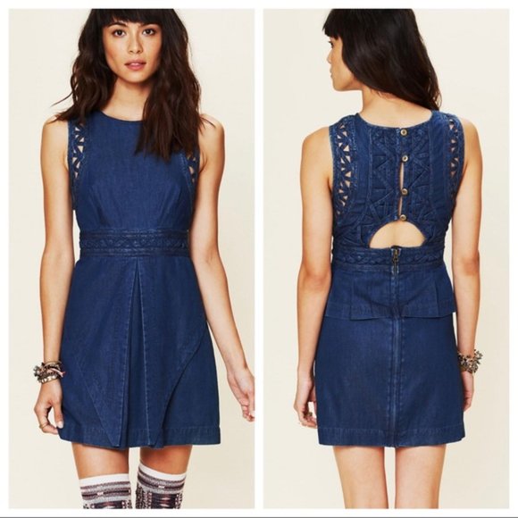 Free People Dresses & Skirts - New Romantics Free People Denim Peplum Dress 6